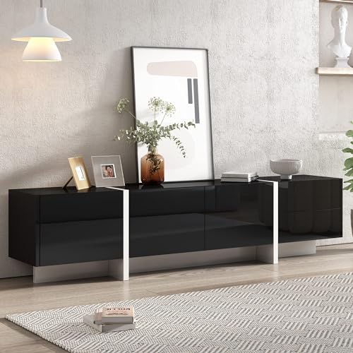 Contemporary Rectangle Design TV Stand for Television Up to 80 Inch, Unique Style Console Table, Modern Storage Cabinet with High Gloss UV Surface for Living Room 74.8 Inch Length