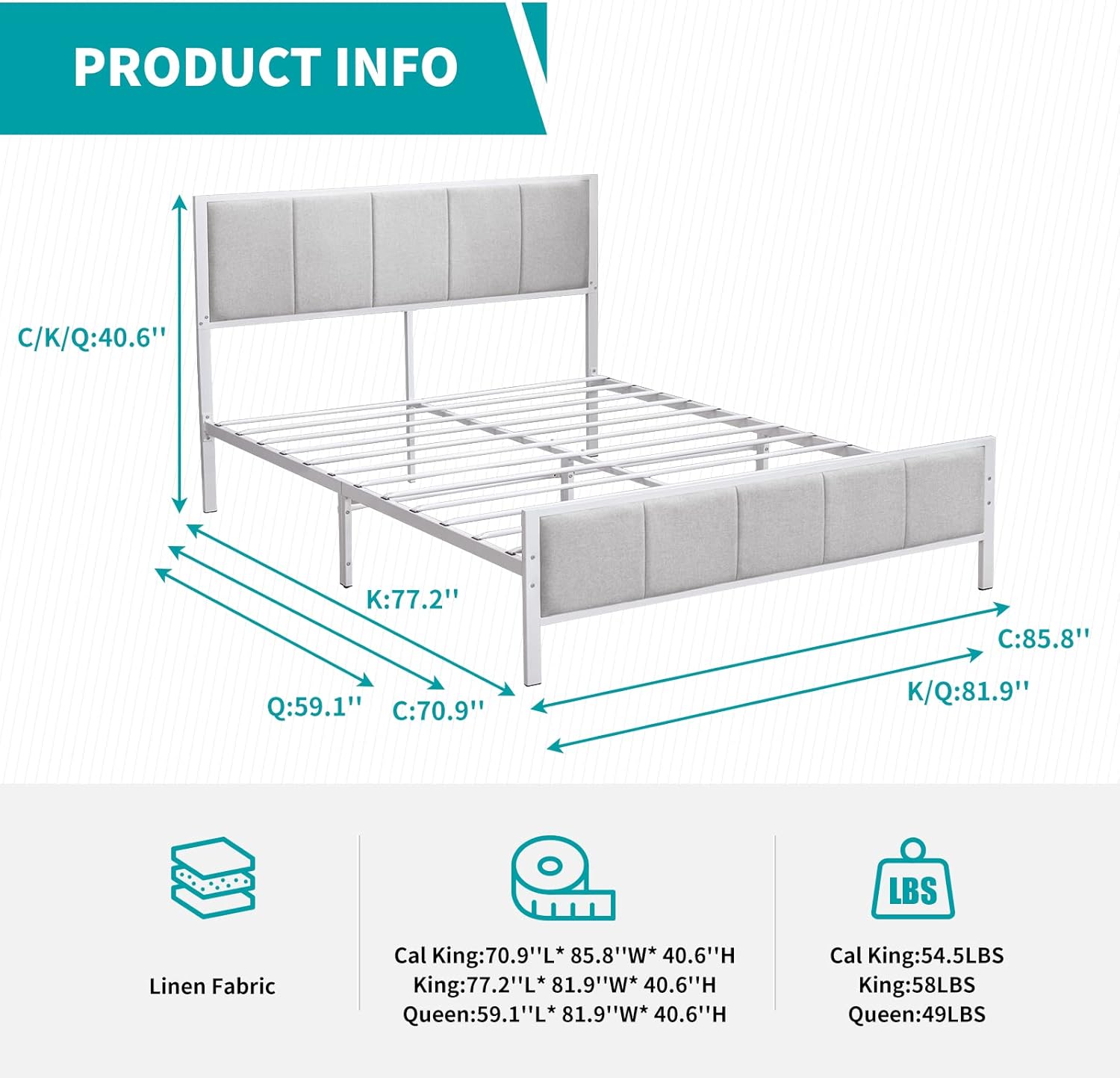 BALUS Upholstered Platform Bed Frame, California King Size Metal Bed Frame with Headboard, No Box Spring Needed/Sturdy Wood Slat Support