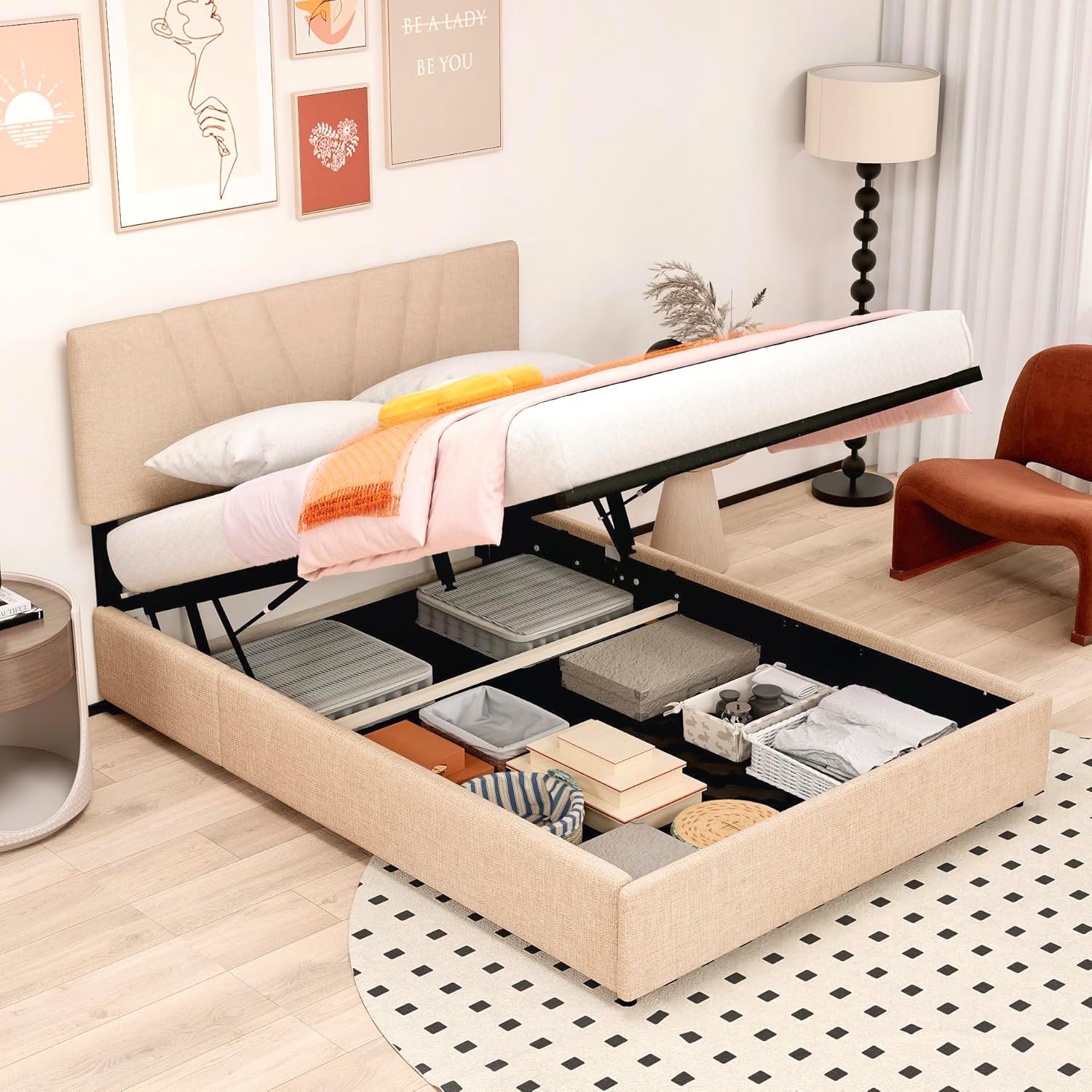 Queen Size Upholstered Platform Bed with Upgraded Gas Lift Mechanism w/Big Storage Space, Lift Up Storage Platform Bed Frame with Tufted Headboard for Kids Teens Adults, Light Beige