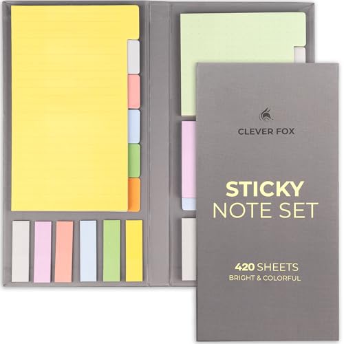 Clever Fox Sticky Note Set – 420 Lined Notes, Tabs & Bookmarks for Books & Notebooks – Office Desk Accessories & Supplies (Orange & Yellow)