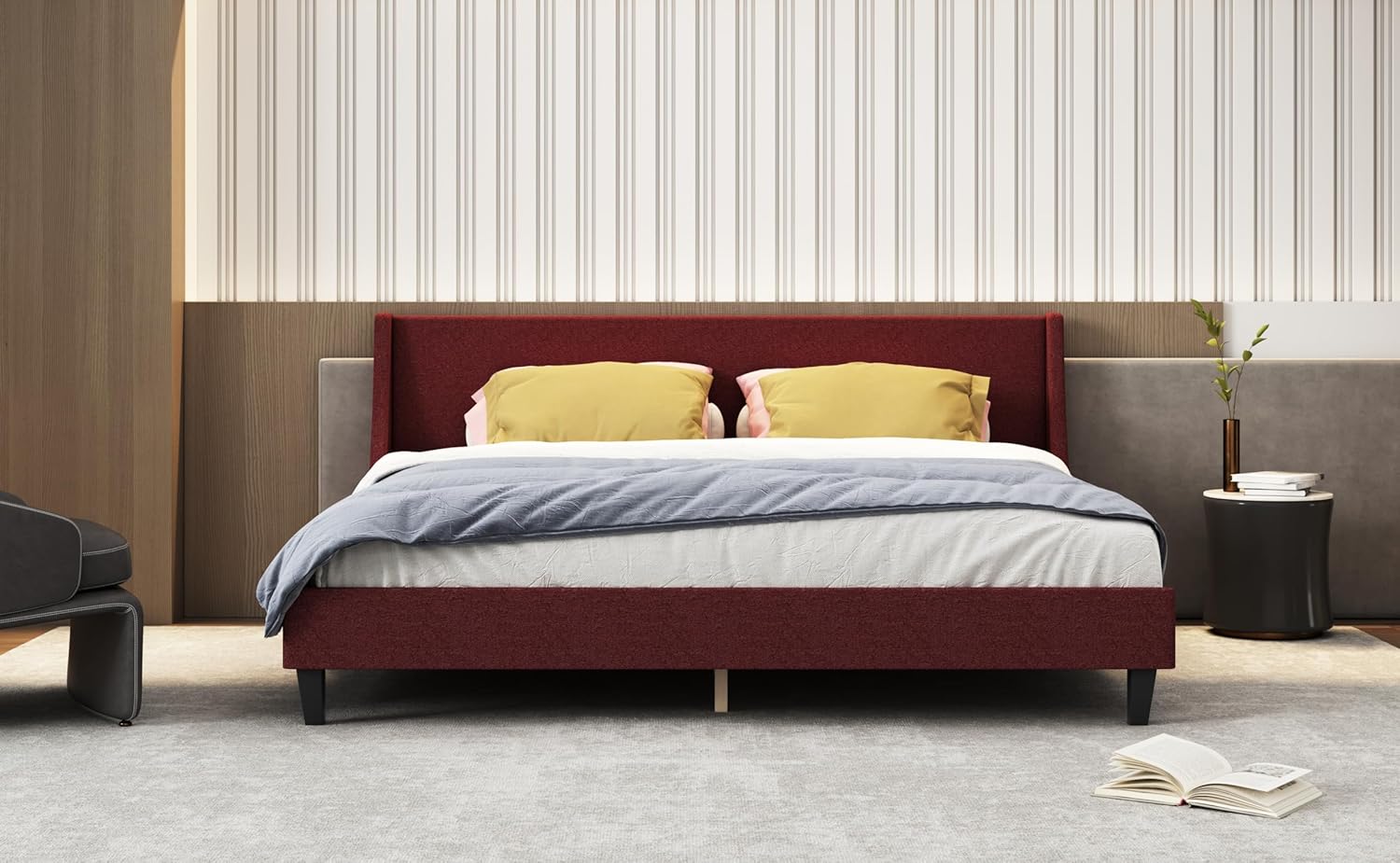 Luxury Linen Elegance: King Size Upholstered Bed Frame with Adjustable Headboard, Wooden Slats, No Box Spring Needed, Easy Assembly, Mattress Foundation, Orange