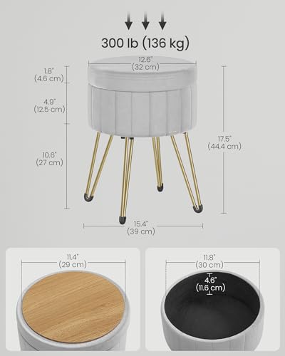 SONGMICS Vanity Stool Chair, Small Ottoman Stool with Storage, Velvet Makeup Stool, 15.4 Dia. x 17.5 H Inches, 4 Metal Legs, for Makeup Room, Living Room, Bedroom, Dove Gray ULOM003G02