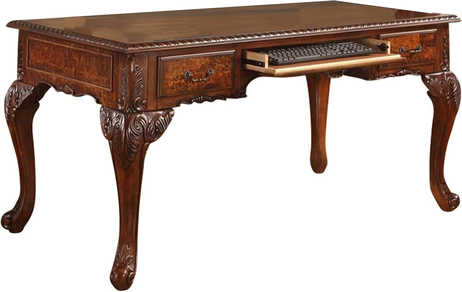 Best Master Furniture Chester Executive Traditional Walnut Finish Office Desk with Hand Carved Designs