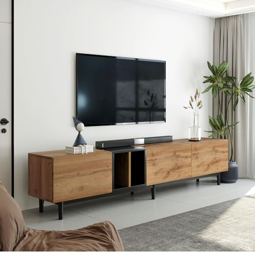 Modern TV Stand for TVs up to 80 Inch, Wooden Entertainment Center with 3 Large Storage Cabinets & Open Shelves, Media TV Console Table for Living Room,Bedroom, White