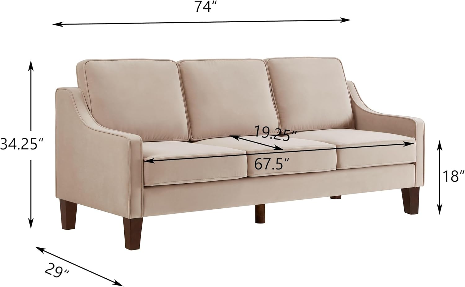 Taupe Scooped Armrests and Sturdy Wood Legs, Luxurious 3 Upholstered Loveseat w/Removable Cushions, Stylish Seating Furniture for Living Room, 74