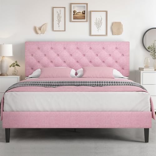 HOMBCK Full Bed Frame with Headboard, Linen Fabric Upholstered Bed Frame Full, Pink Bed Frame with Wood Slats, Button Tufted, No Box Spring Needed, Pink