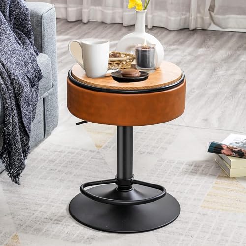 Round Storage Bar Stool Set of 4, Faux Leather Counter Height Adjustable Barstools, 360° Swivel Stool, Armless Bar Chairs with Metal Footrest for Kitchen Island, Dining Living Room, Makeup, Black