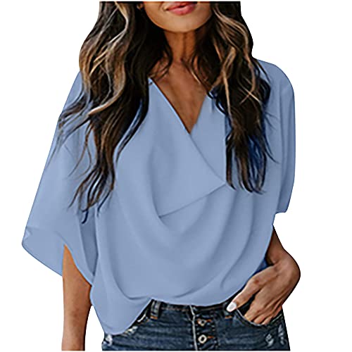 Half Sleeve Tops for Women Chiffon Blouses Business V Neck Elegant Shirts Trendy Loose Fit Dressy Office Tees Shirt