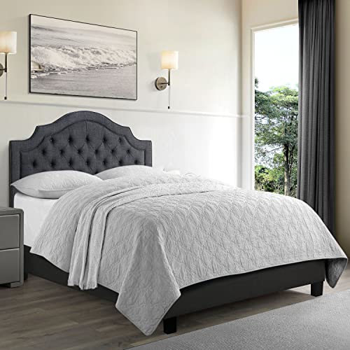 Rosevera Jardin Button Tufted Platform Bed Frame/Fabric Upholstered Bed Frame with Adjustable Headboard/Wood Slat Support, Twin, Sky Gray