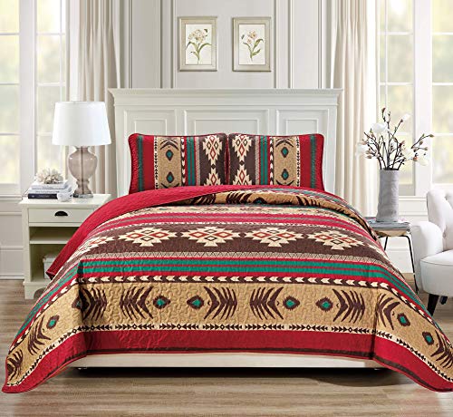 Western Southwestern Native American Tribal Navajo Design Oversize Quilted Bedspread in Brown Green and Burgundy Mojave (King/Cal-King)
