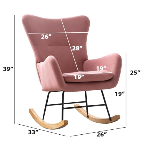 Rocking Chair Nursery Upholstered Accent Chair with High Backrest Solid Wood Legs Comfortable Glider Chair Stylish Reading Chair for Living Room, Nursery, Bedroom Rocking Chair Indoor (1, Pink)