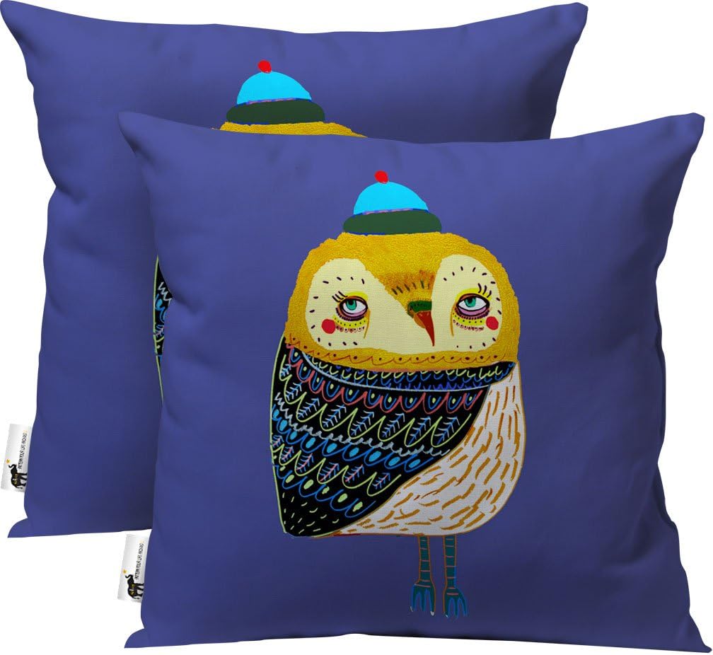 Handmade Outdoor Throw Pillow 16X16-inch - Set of 2 - Purple Cute Owl Art Patio Furniture Pillows - Ashley Percival