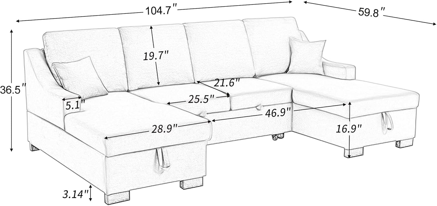 U-Shaped Sleeper Sectional Pull Bed and Reversible Storage Chaises, 4-Seaters Symmetrical Corner Upholstered Sofa & Couch Convertible Sleep Sofabed W/ 2 Pillows for Living Room, Dark Grey