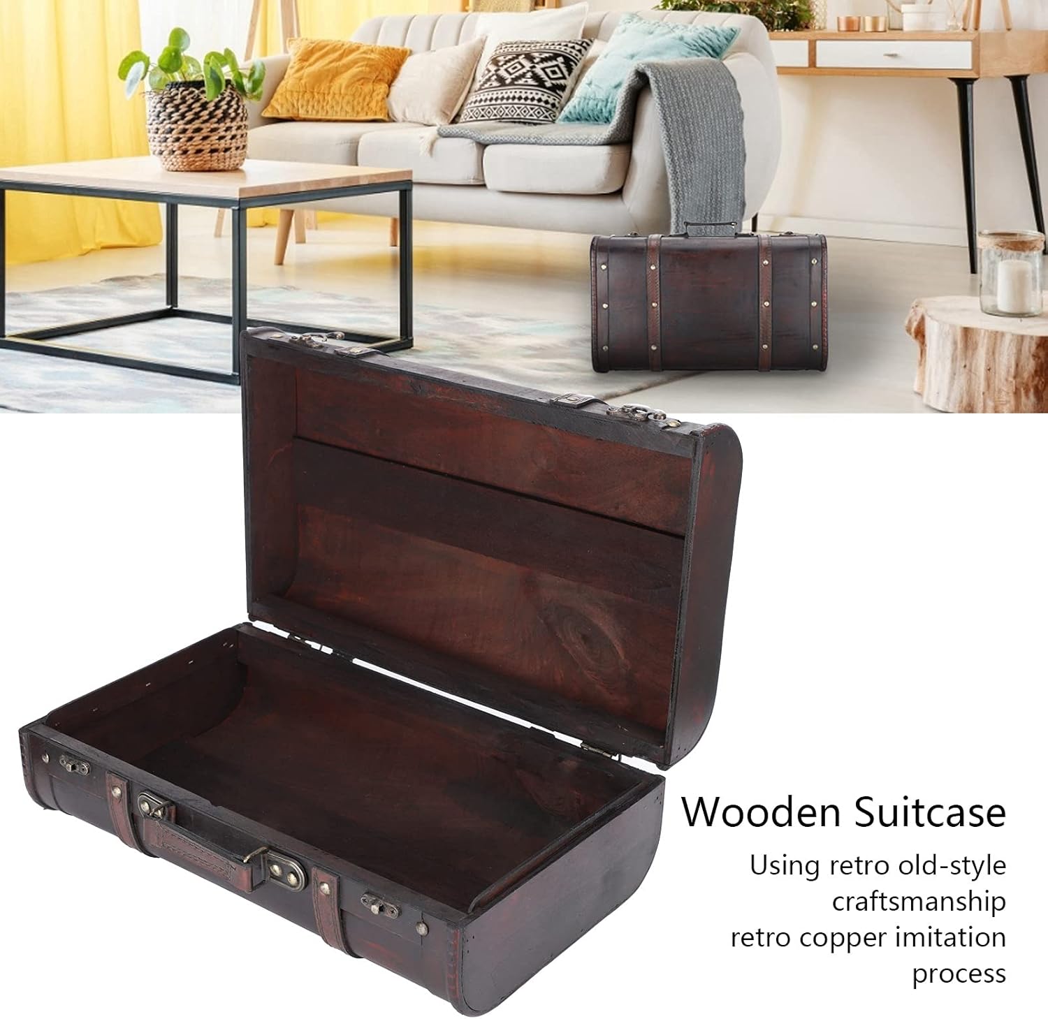 Antique Wooden Case, Retro Nostalgic Suitcase Wooden Suitcase, Double‑Layer Design for Home Home Decoration