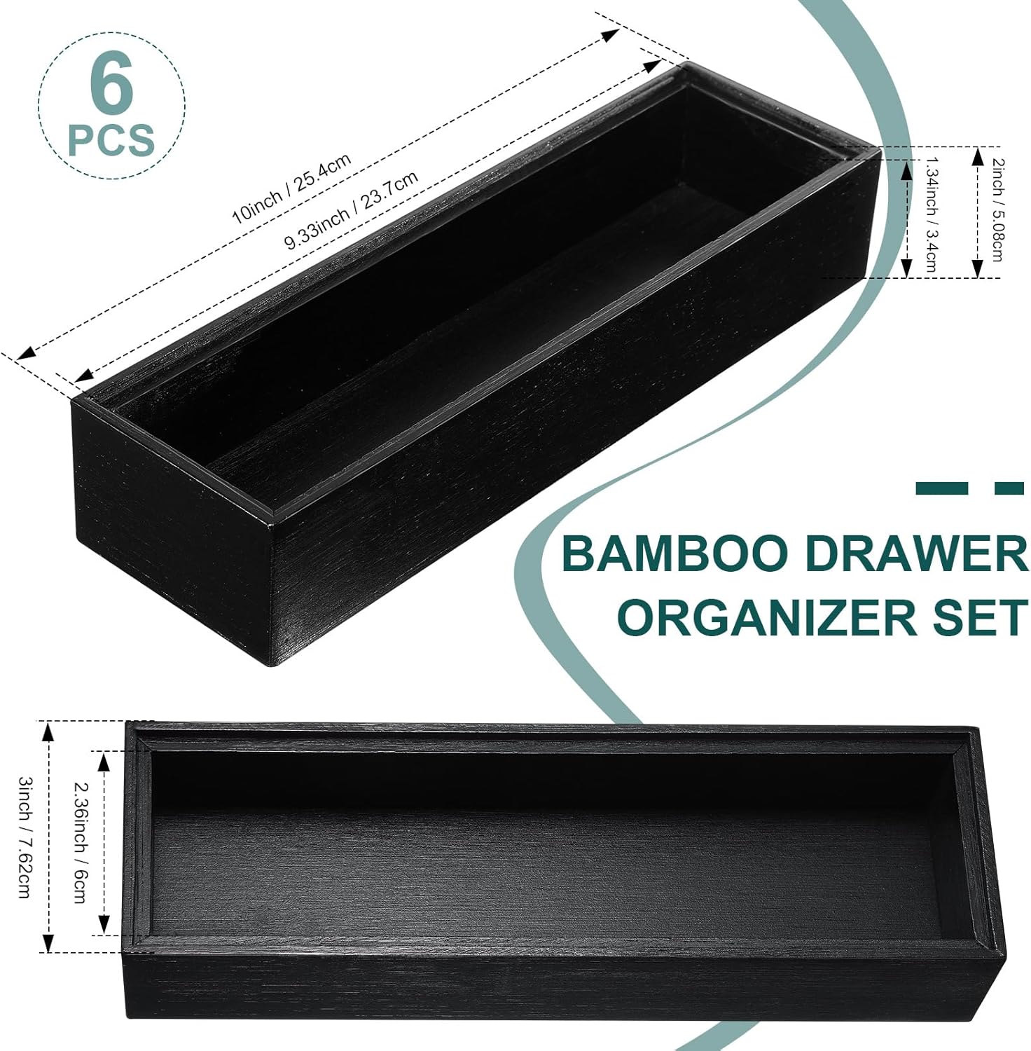Uiifan 6 Pcs 10 x 3 x 2'' Bamboo Drawer Organizer Black Stackable Utensil Silverware Holder Wooden Tray Drawer Dividers Boxes Spoon Storage Organizer for Kitchen Office Bathroom Cabinet Jewelry