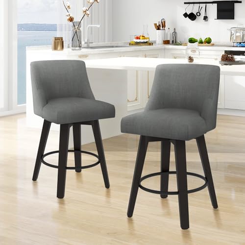 MUUEGM Counter Height Bar Stools Swivel with Back Set of 2, 26In Height Bar Stools with Solid Wood Stand, Fabric Upholstered Counter Height Bar Stool with Thicken Cushion Back, Ivory White
