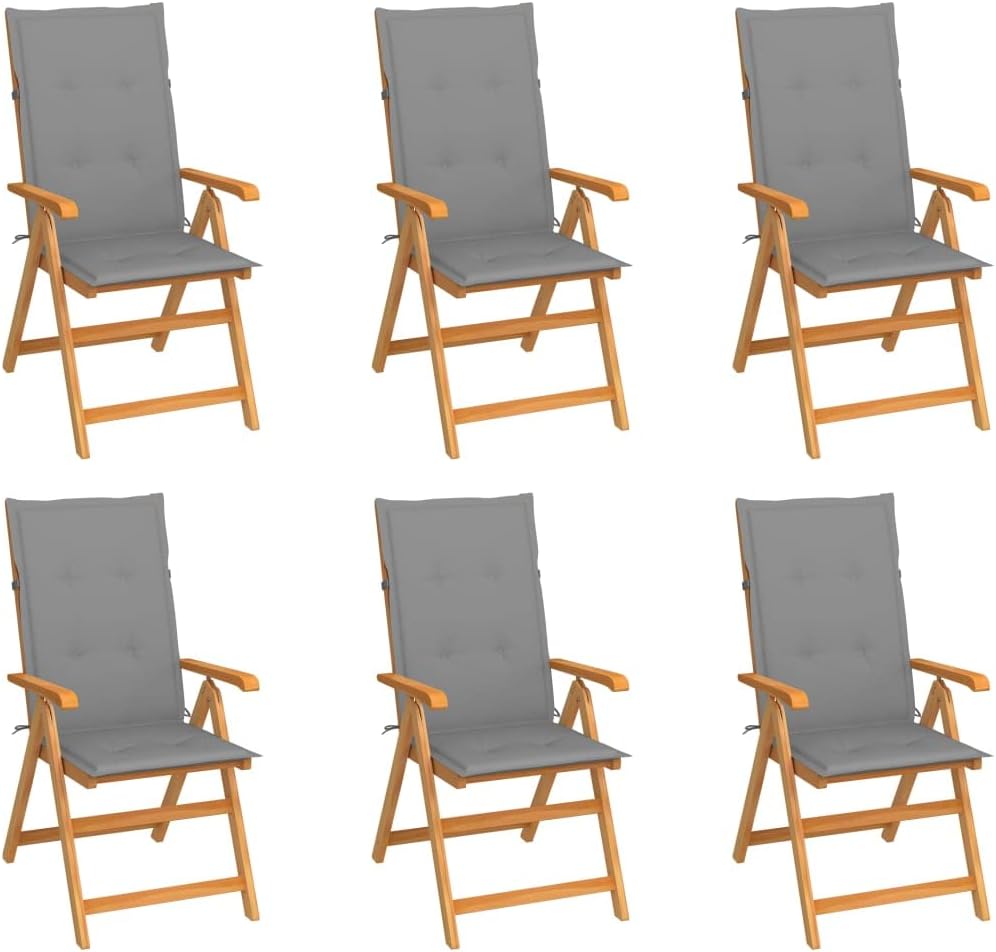 Patio Chairs 6 pcs with Gray Cushions Solid Teak Wood,Furniture,Outdoor Furniture,Outdoor Seating,Outdoor Chairs,Gray,44.8kg/98.56ib