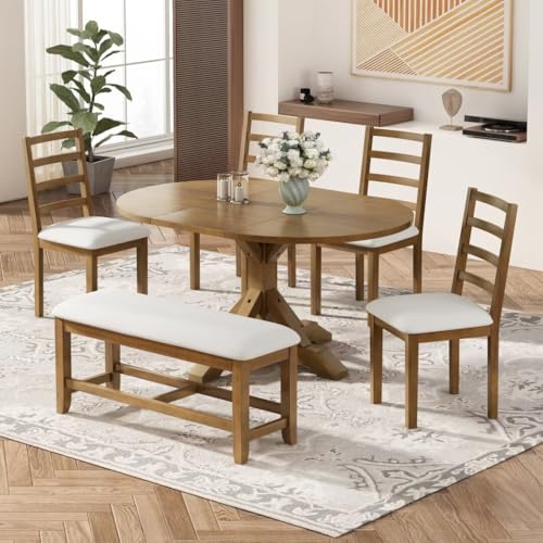 Farmhouse 6-Piece 60inch Extendable Pedestal Dining Table Set with 18inch Removable Leaf, 44inch Bench and 4 Ladder Back Dining Chairs, Natural