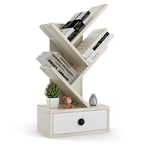 Tangkula 5-Tier Tree Bookshelf with Drawer, Desktop Bookshelf for Desk, 5 Shelf Space Saving Corner Bookcase, Wood Display Rack for Books/CDs/Movies, Book Shelf for Home Office Dorm (Brown, 5 Tier)