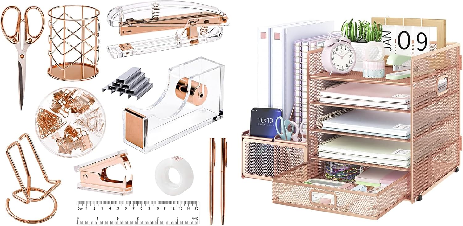 EOOUT Rose Gold Office Supplies Set Desk Combo Set, Acrylic Stapler Set and Mesh Desk Organizer with File Shelves, 5-Layer Paper Tray Organizer for School Home Office Supplies (Rose Gold)