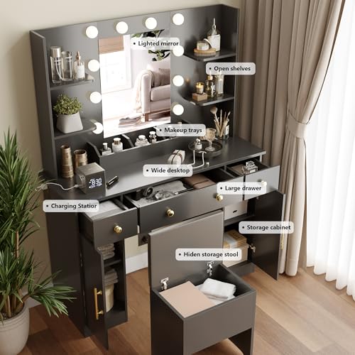 Vanity Desk with Lighted Mirror & Power Strip,Makeup Vanity Table with RGB LED Lights & Chair,White Dressing Table Set with 3 Drawers & Cabinet for Girls Women Bedroom & Dressing Room,White