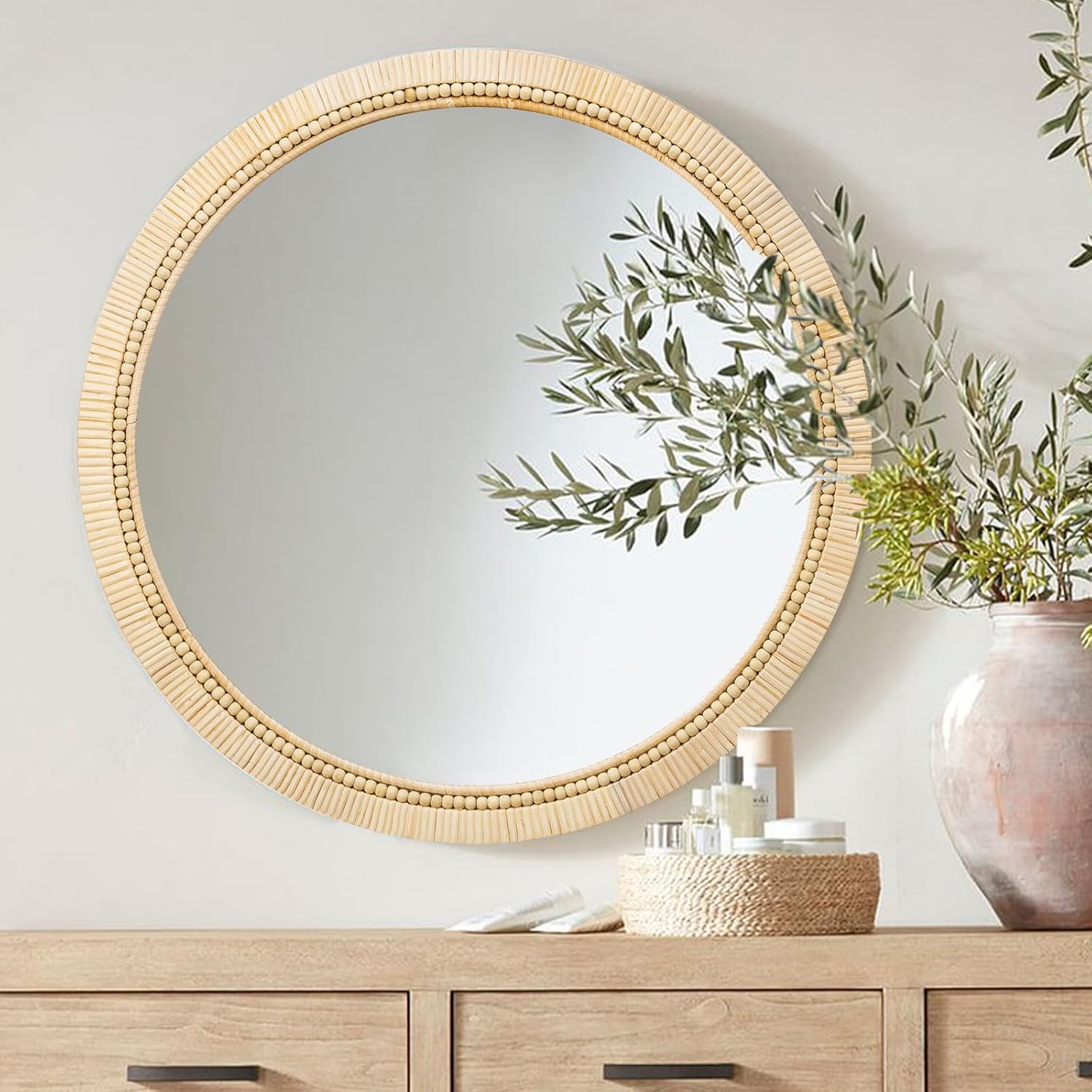 ULIKE Rattan Mirror Round 24 Inch for Bathroom, Wicker Mirrors Wood Framed Circle Boho Nursery Hanging Mirror, Wooden Beads Art Decoration Mirror for Bedroom Living Room Entryway