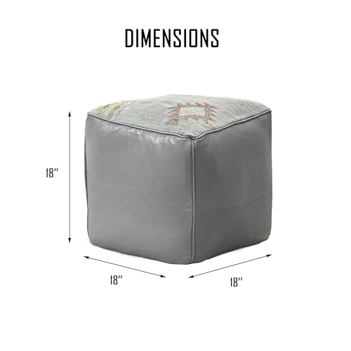 Pre-Filled 18 inch Square Pouf, Moroccan Handmade Ottoman, Hassock, Footstool, Stuffed, Cactus Silk Sabra and Genuine Leather, Boho, Bohemian, Vintage (Gray/Gray Patterned, Stuffed)