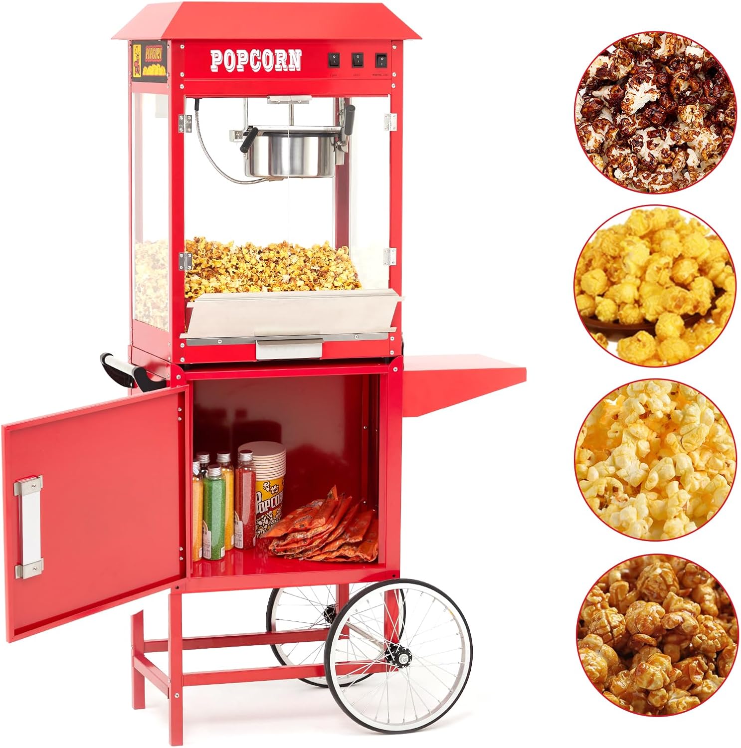 Popcorn Popper with Cart and Stand,Theater Commercial Vintage Popcorn Maker with 8 Oz. Stainless Steel Kettle and Storage Included, Red