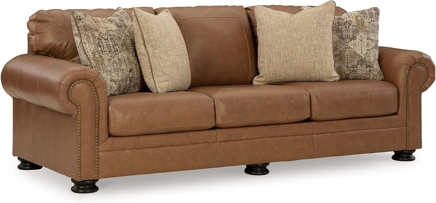 Benjara Riana 101 Inch Sofa, 4 Accent Pillows, Caramel Leather, Brown, Black and Ivory