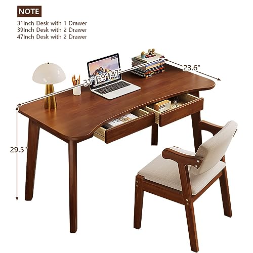 Computer Desk with 2 Drawers, Modern Home Office Desk Study Table Curved Solid Wood Writing Desk(31 Inch, White)