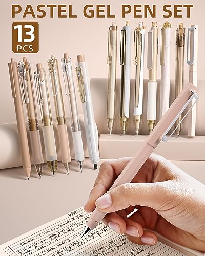 Nicpro 13PCS Pastel Gel Ink Pen Set with Case, Cute Retractable 0.5mm Fine Point Pen, 12 Black Ink Pen with 1 Highlighter, Aesthetic Drawing Pen for Student Note Taking,Writing,Office Supplies (Brown)
