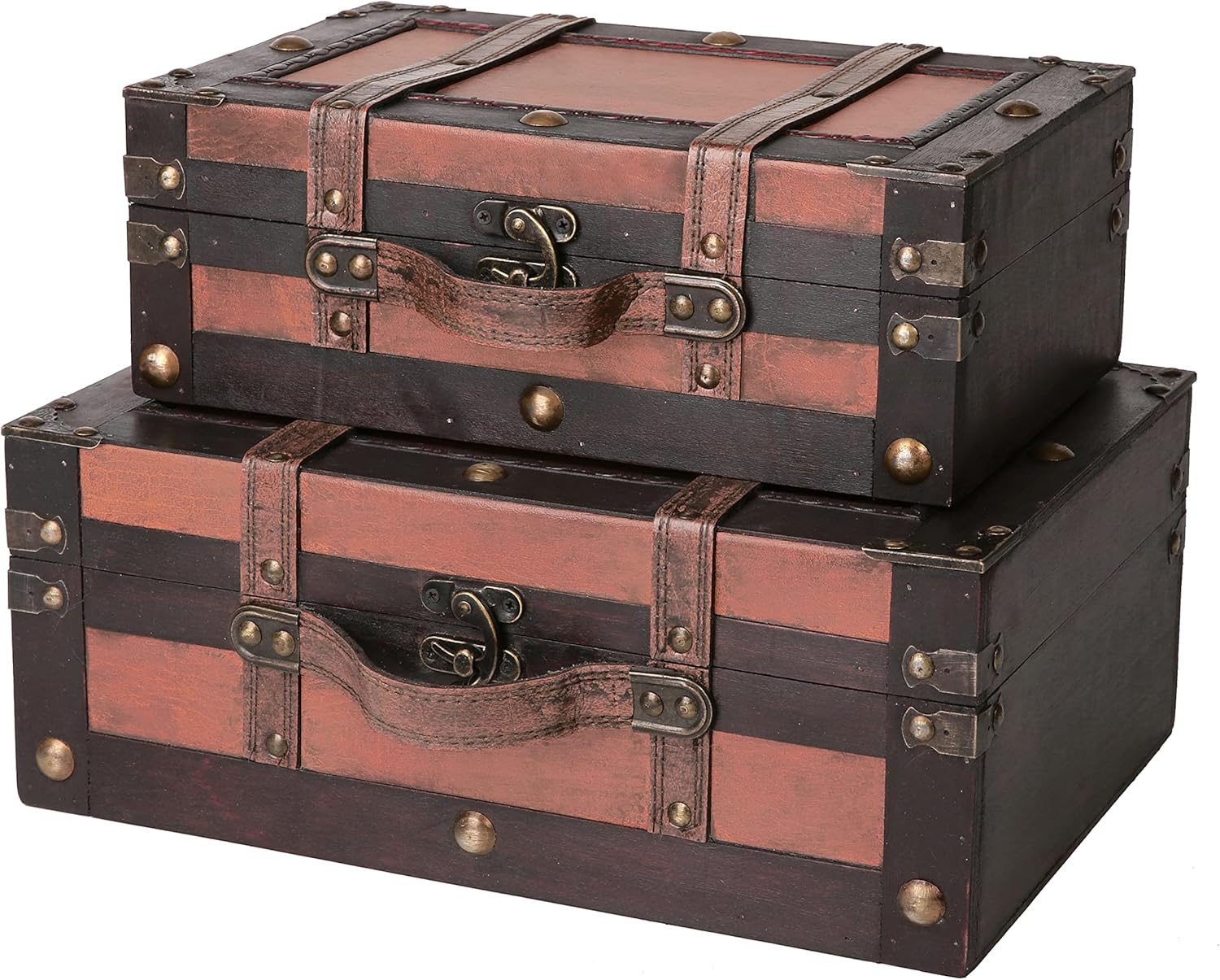 Vintage Wooden Treasure Chest Suitcases - Set of 2: Decorative Storage Trunks with Hinged Lids, Memory Boxes for Keepsakes, Pirate Chest, Wooden Chest & Trunk, Vintage Suitcase Décor (Crawford)