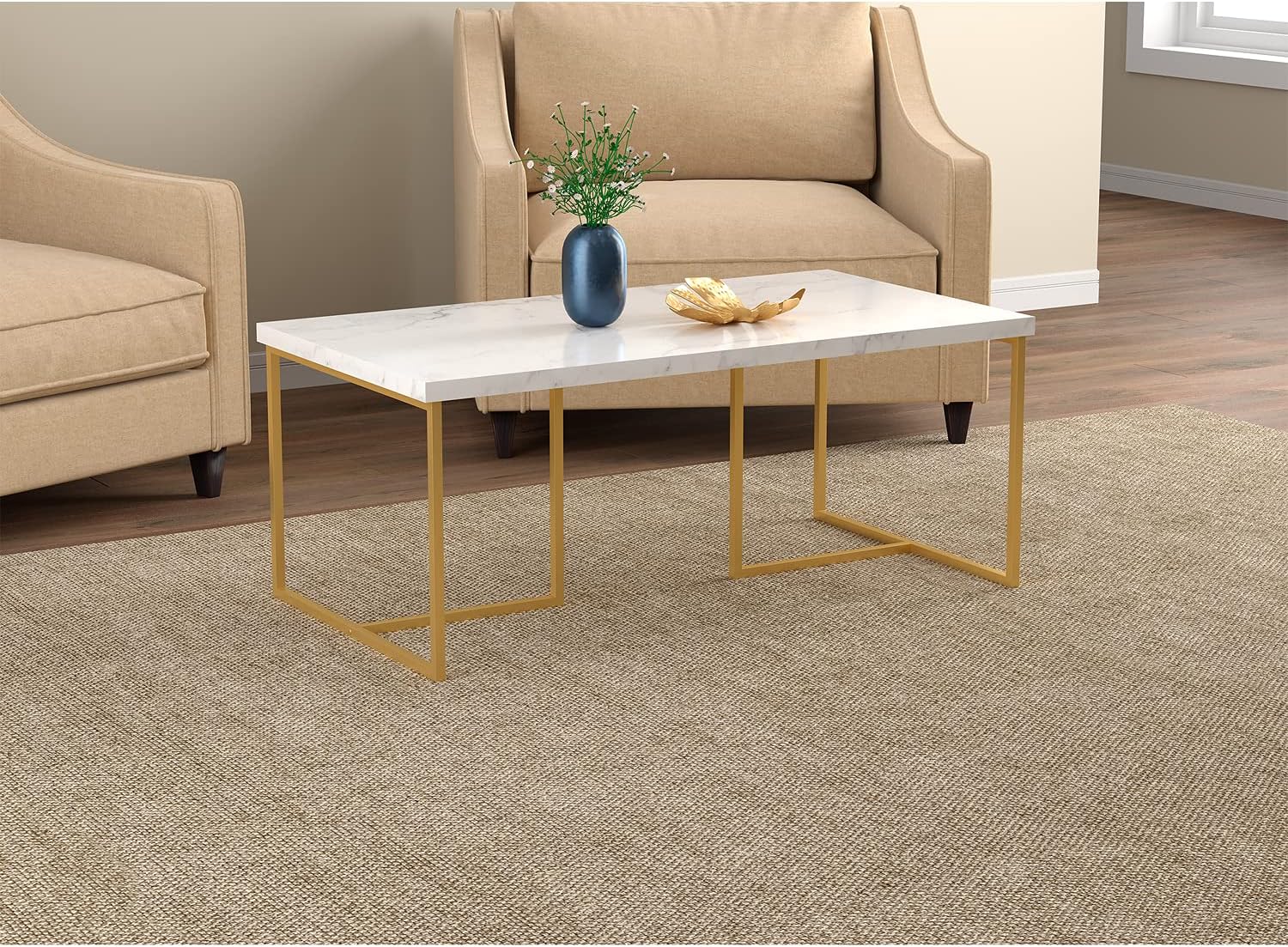 S & Co. Coffee Table-43 Long/Marble with Gold Metal for Living Room