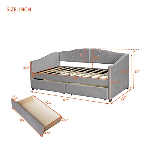 Twin Size Upholstered Daybed with Two Drawers, Elegant Velvet Fabric Sofa Bed with Wood Slat Suppot for Living Room Bedroom, No Box Spring Needed (Gray+Two Drawers+Velvet)