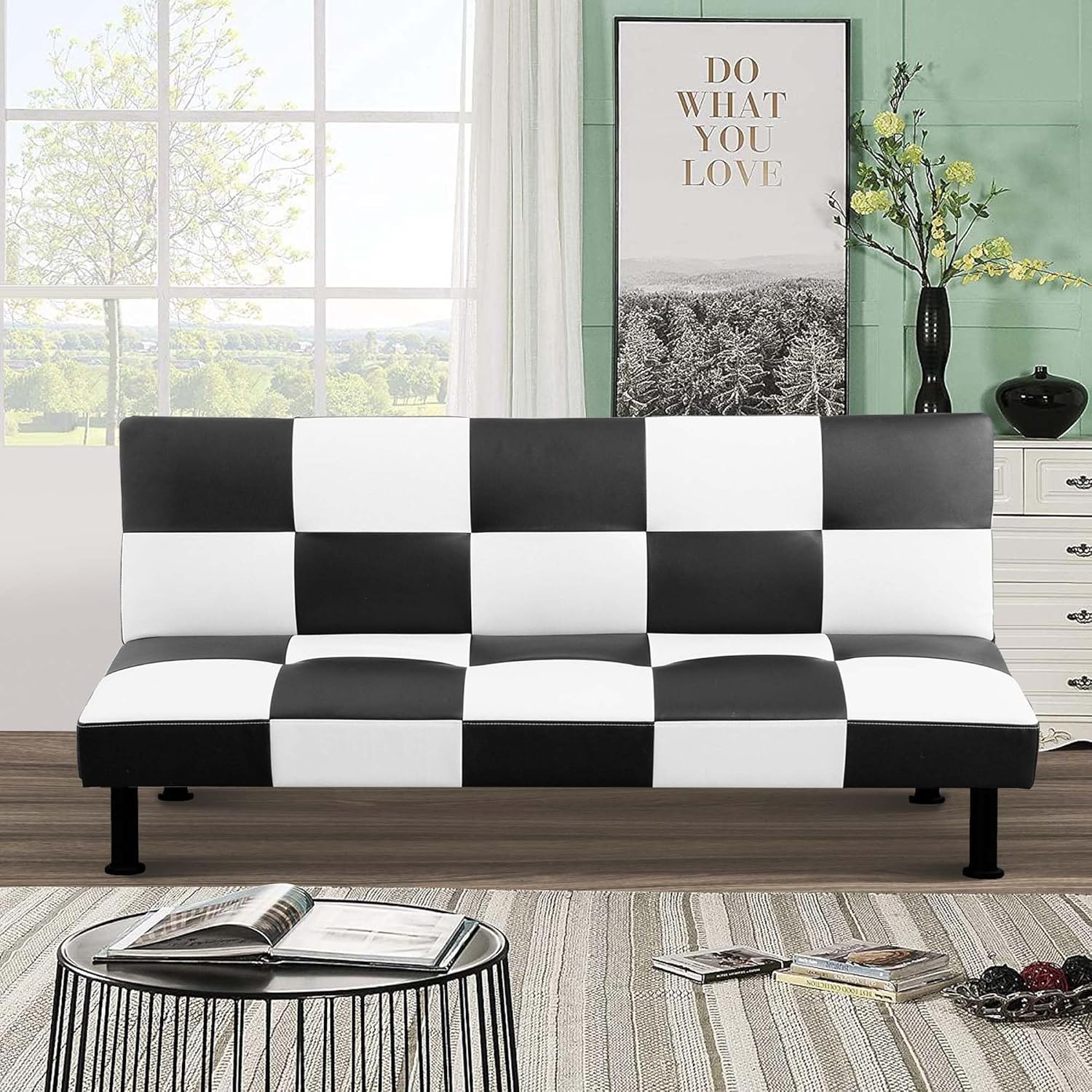 Faux Leather Futon Convertible Sofa Bed for Home Office, Tufted Back, Black&White