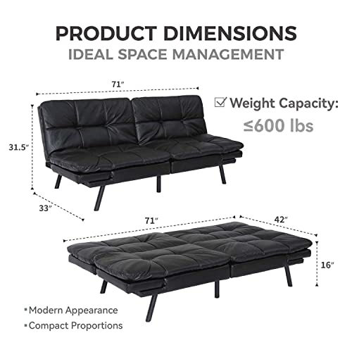 Convertible Sofa Bed, Adjustable Couch Sleeper Modern Faux Leather Home Recliner with Metal Legs, ArmRest, Sofa Beds for Bedroom Living Room, Easy Assembly, 2-3 Seats (Black)