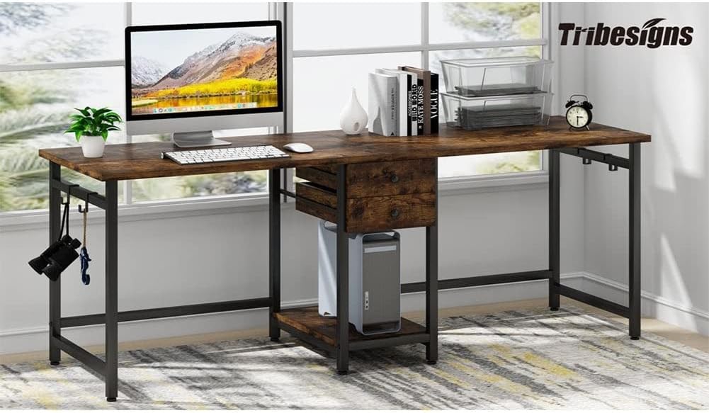 Extra Long Two Person Deskindustrial Workstation for Home Office?78'' Double Computer Desk with Drawers and Storage Shelves Brown Industrial Rustic Vintage Rectangular Metal Wood