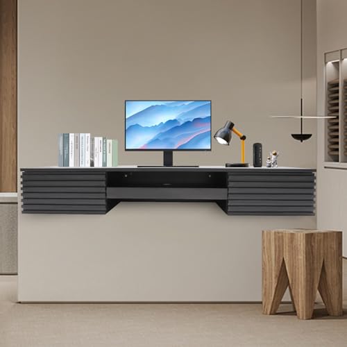Wall Mounted Desk 60 * 15-Inches Floating Shelf with Pull Out Drawer Wall Organizer nder Storage Workstation White Wall Desk Hanging Desk for Bedroom Living Room Study Office (Black)