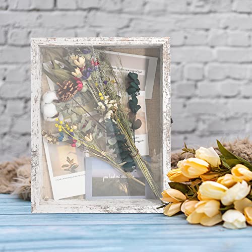 GraduationMall 5x12.5 Wood Shadow Box Frame Glass Door Display Case with Linen Back and 6 Stick Pins,1.5 inches Interior Depth,Ideal for Memorabilia Pictures Flowers Medals Tickets Rustic White
