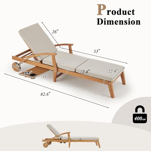 HOMREST Set of 2 Wood Chaise Lounge Chair Recliner, 83x23in Patio Chaise Lounger Recliner with Slide-Out Side Table, Foam-Padded Cushion, Adjustable Backrest, Wheels (Beige)