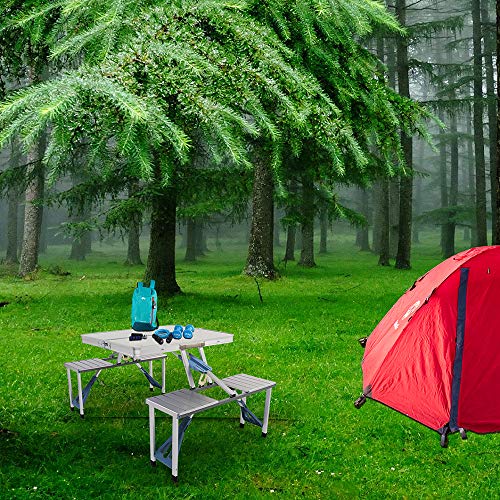 Ochine Portable Folding Picnic Table with 4 Seats, Heavy Duty Picnic Table and Bench Set Folding Aluminum Picnic Table Chair Set with Portable Suitcase and Umbrella Hole for Camping Dining BBQ