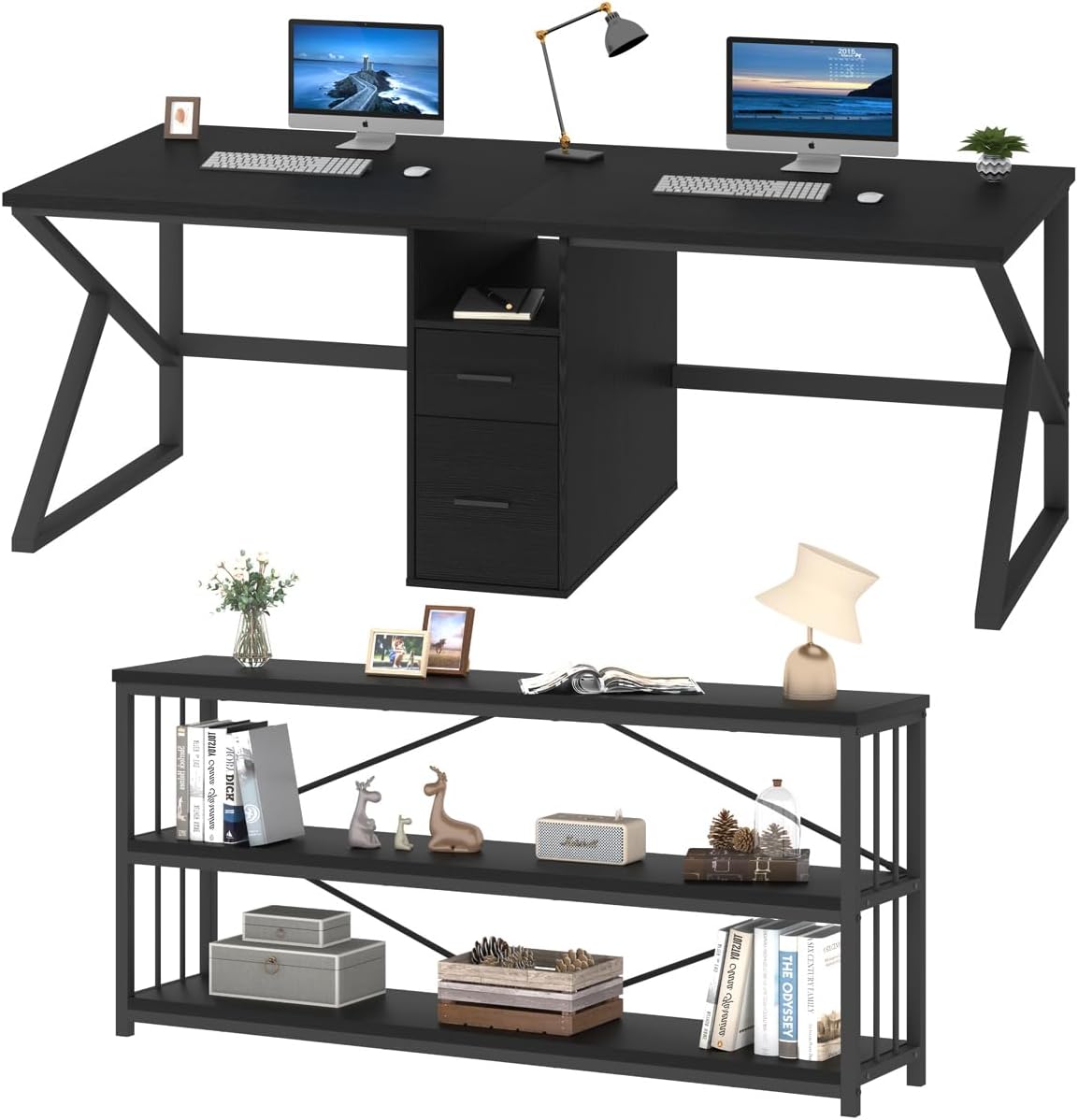 IBF Black Office Desk and Bookshelf Bundle Set, Modern Dual Workstation Desk with Low Horizontal Bookcase, Industrial Style Furniture for Home Office, Black Oak