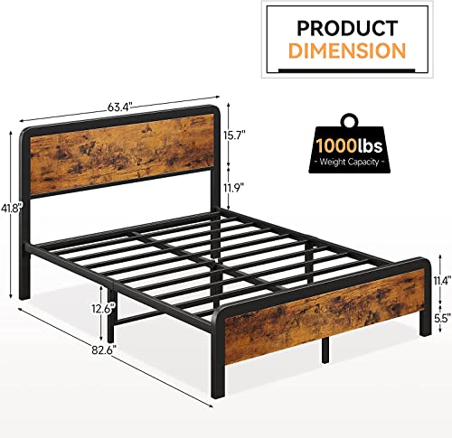 IDEALHOUSE Full Size Bed Frame with Headboard, Platform Full Bed Frame with Safe Rounded Corners & Strong Metal Slats Support, Mattress Foundation, Noise-Free, No Box Spring Needed, Retro Brown