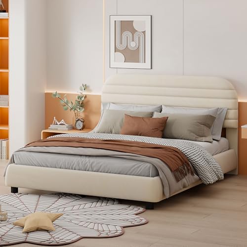 Modern Minimalist Queen Size Upholstered Platform Bed with Shell-Shaped Headboard, Velvet Fabric Grounded Bed Frame with Sturdy Slat Support for Bedroom,No Box Spring Needed (Light Blue@077)