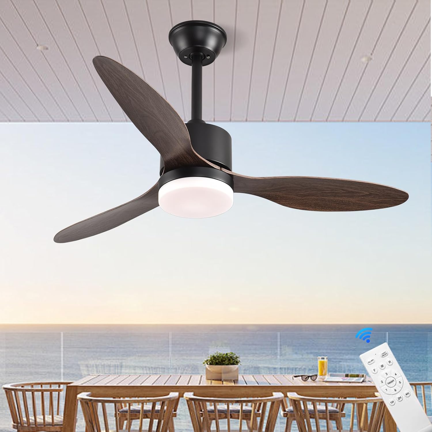 42''Ceiling Fans with Lights and Remote,Outdoor ceiling fan with LED Light,6 Speed,Retractable,High cfm,3 Blades Ceiling Fans for Patio,Bedroom,Living room,Indoor.(Woodgrain Color)