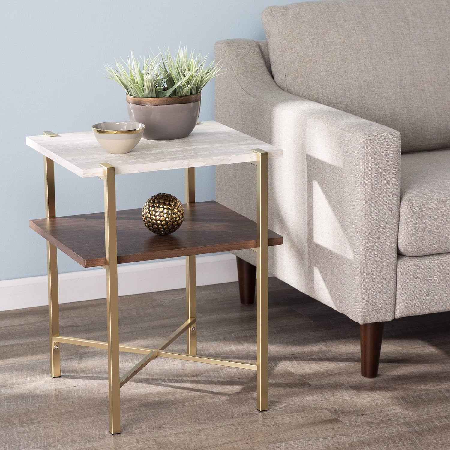SEI Furniture Ardmillan Two-Tier Faux Marble Top Square End Table, Brass, Dark Tobacco, White