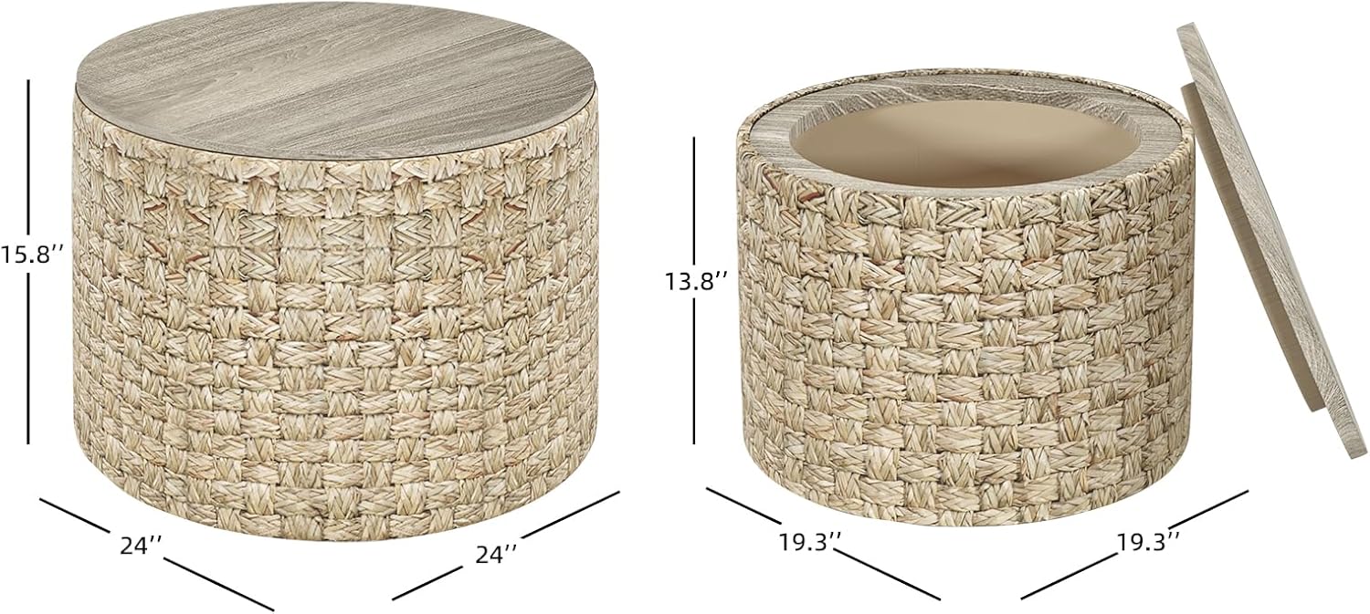 FINECASA Round Coffee Table with Storage, Farmhouse Coffee Table and End Table Sets, Country Rustic Storage Round Coffee Table Hand-woven Seagrass Coffee Table for Living Room (Set of 2)