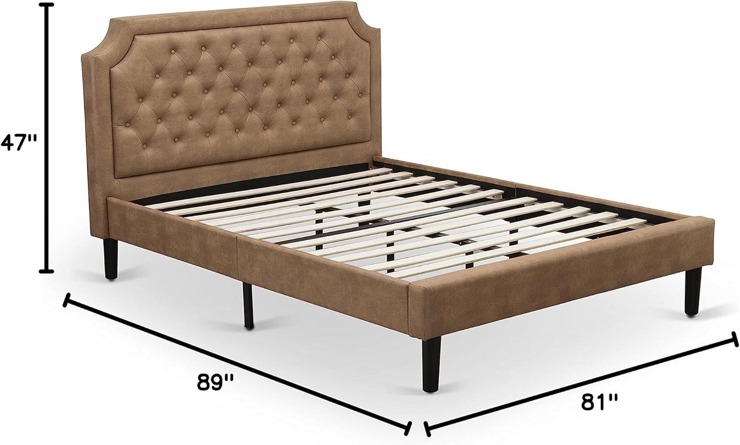 East West Furniture 3-Piece Granbury Bedroom Furniture Set with Button Tufted Upholstered Bed and 2 Antique Walnut Small Nightstands-Brown Faux Leather Texture and Black Legs, Queen Size