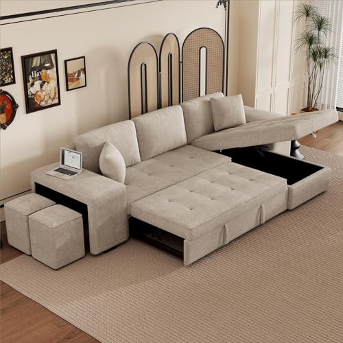104.5 inch Modern L-Shape 3 Seat Reversible Sectional Couch, Pull Out Sleeper Sofa with Storage Chaise and 2 Stools for Living Room Furniture Set, Charcoal Grey
