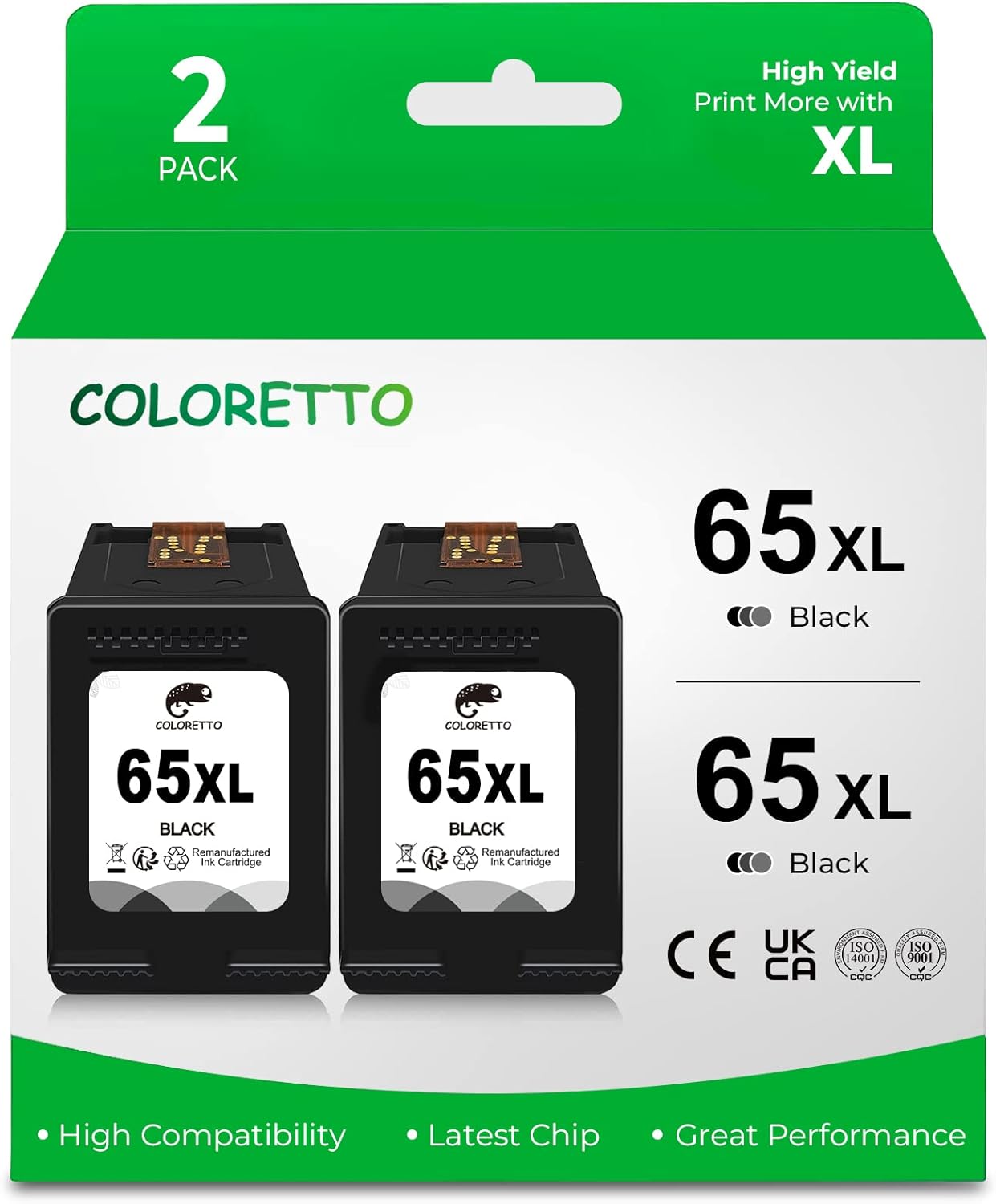 COLORETTO 65XL Ink Cartridge for HP Printers as Replacement for HP 65XL 65 XL 65xl hp65 hp65xl Combo Pack for Envy 5000 5055 5052 5058 DeskJet 3700 3752 3755 2652 2655 3720 3758 High Yield (2 Black)